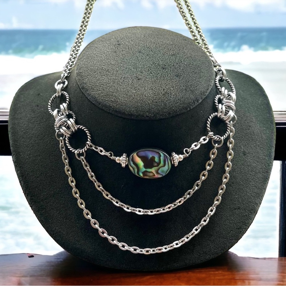 Handmade maille choker necklace iridescent blue green abalone shell charm boho